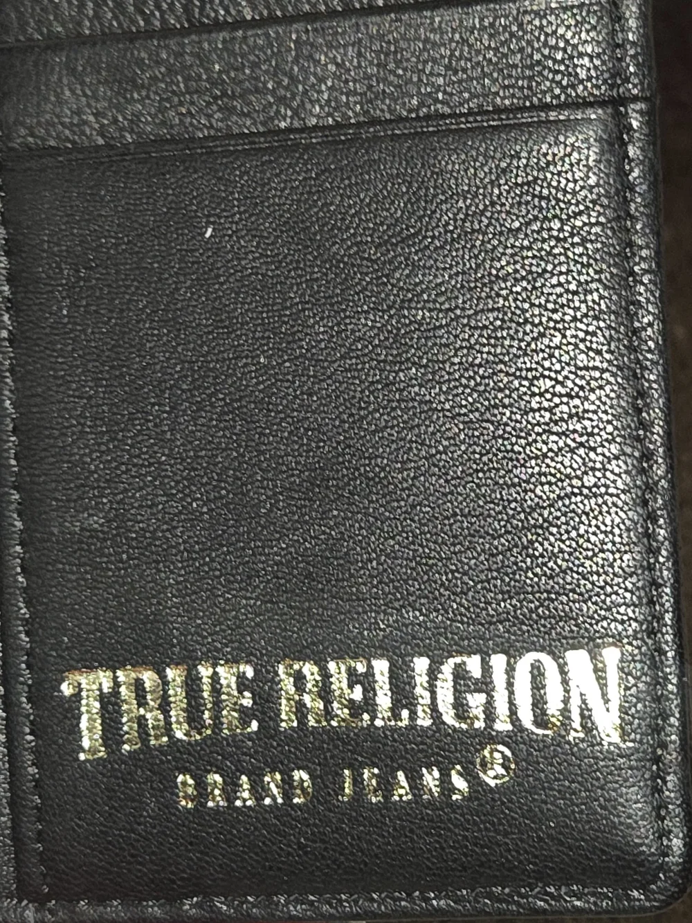 True Religion Black Textured Leather Bifold Wallet with Gold Logo